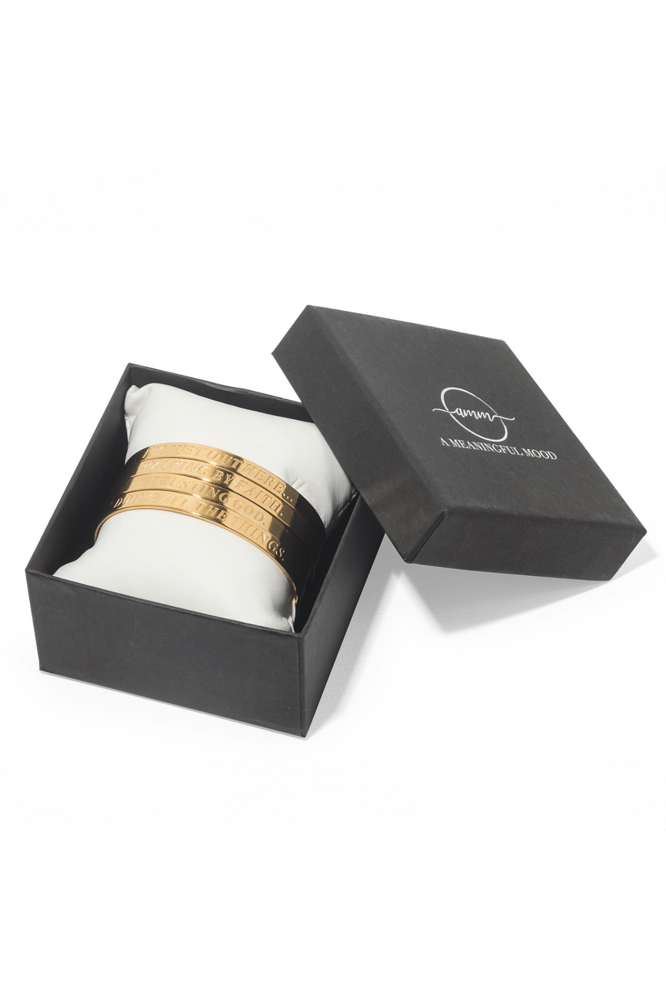 Gold scripture bangles presented in a black AMM gift box – perfect faith-based jewelry gift set for Christian women.