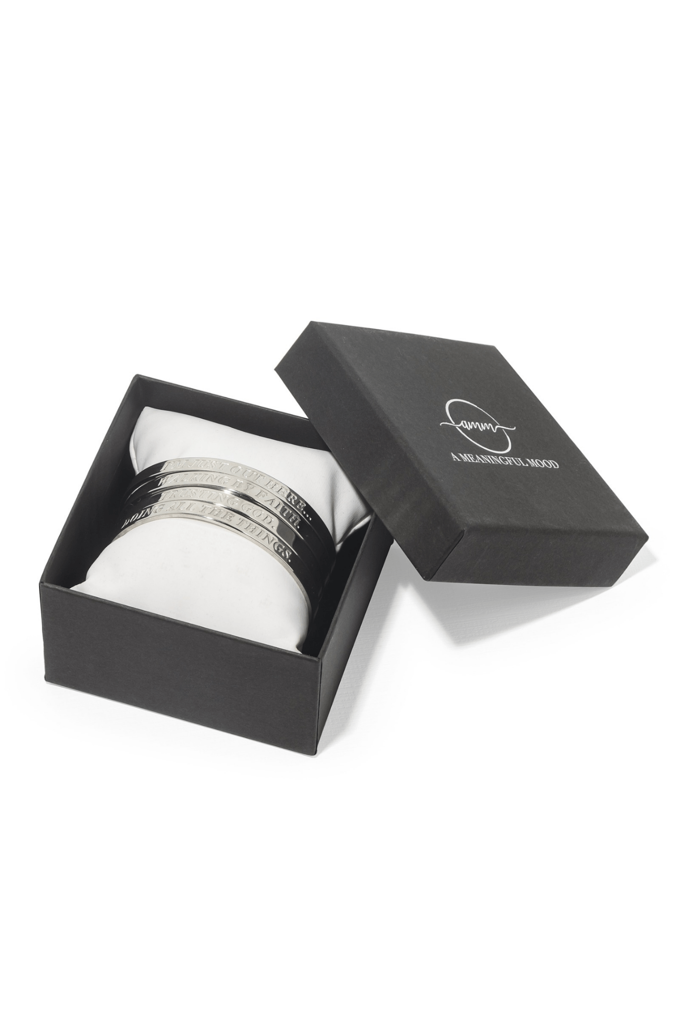 Silver scripture bangles presented in a black AMM gift box – perfect faith-based jewelry gift set for stylish Christian women.