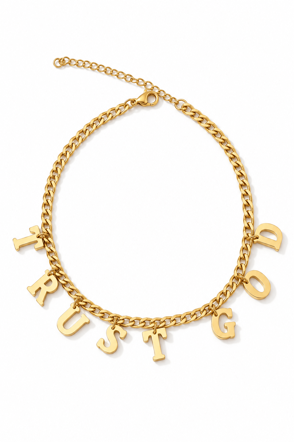 A gold-tone chain anklet featuring dangling block letters that spell out 'TRUST GOD' on a clean white background.