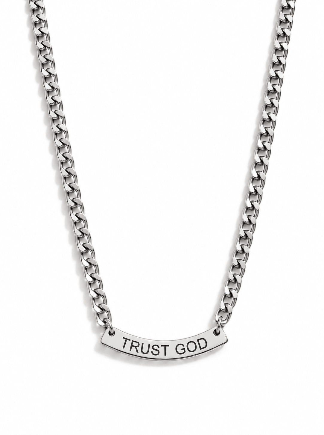 A silver-toned chain necklace with a curved bar pendant with the words 'TRUST GOD' laser cut in capital letters, shown against a plain white background.