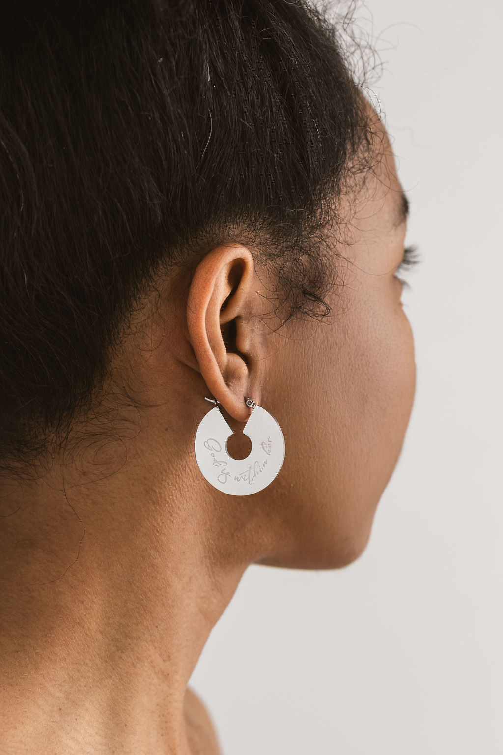 God is Within Her Small Engraved Hoops Stainless Steel | A