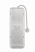 A silver metal bookmark shaped like a Bible book cover with the words 'TRUST GOD' engraved on the front, attached to a short chain with a small circular tag, shown on a plain white background.