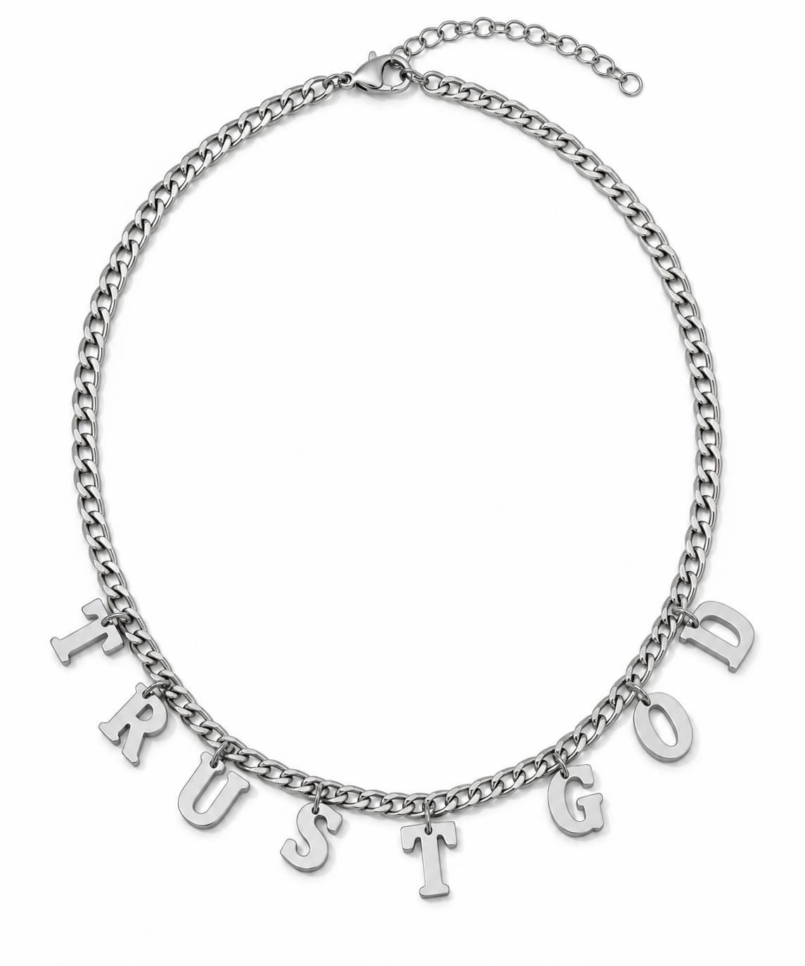 A silver-toned chain necklace with dangling letter charms spelling out 'TRUST GOD' on a plain white background.