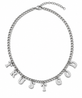 A silver-toned chain necklace with dangling letter charms spelling out 'TRUST GOD' on a plain white background.