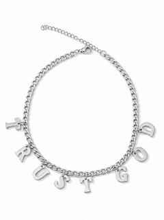 A silver-toned chain necklace with dangling letter charms spelling out 'TRUST GOD' on a clean white background.