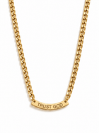 A gold chain necklace with a curved bar pendant with the words 'TRUST GOD' laser cut in capital letters, shown against a plain white background.