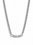 A silver-toned chain necklace with a curved bar pendant with the words 'TRUST GOD' laser cut in capital letters, shown against a plain white background.